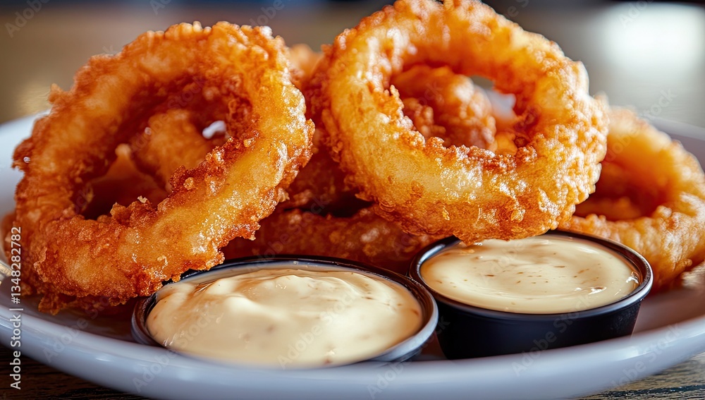 Crispy golden onion rings served with creamy dipping sauces Crispy golden onion rings served with creamy dipping sauces