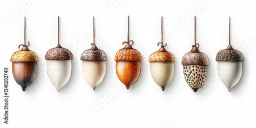 Unique watercolor icon set of acorns on white background minimalist handdrawn nature illustration