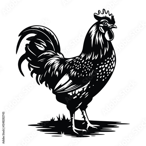 Rooster Silhouette, Vector, Icon, Logo, White Background.