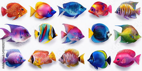 Unique handpainted watercolor fish icon set on white background vibrant colors for creative projects