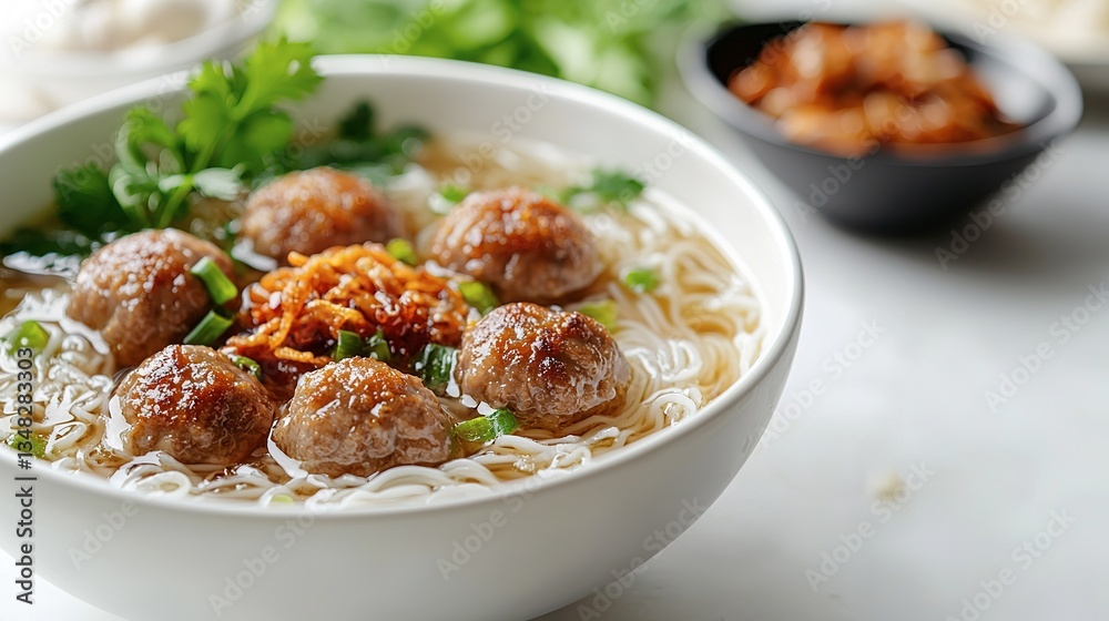 Delicious Meatball Noodle Soup Garnished with Green Onions and Herbs Delicious Meatball Noodle Soup Garnished with Green Onions and Herbs