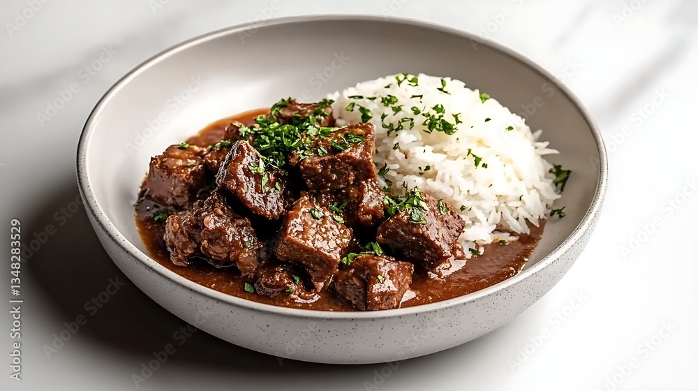 A minimalist shot of feijoada with rice on a white plate A minimalist shot of feijoada with rice on a white plate