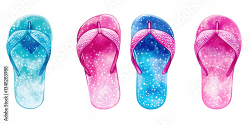 Handpainted watercolor icon set of unique flip flops on white background summer vibes and fun designs