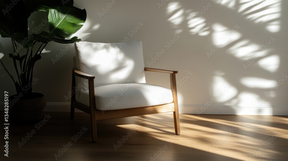 Fototapeta premium Modern, minimalist armchair in a sun-drenched room