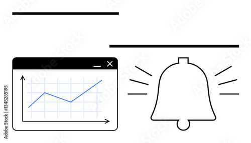 Line graph showing upward trend in web browser window next to notification bell with alert lines. Ideal for analytics, trends, progress, notifications, growth, business updates, and alerts in flat