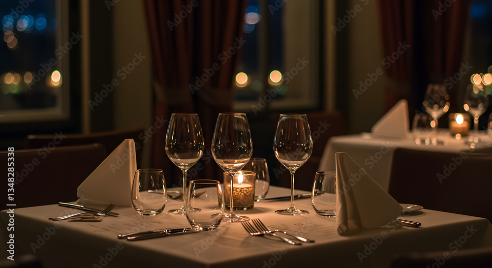 Intimate Candlelit Dinner Table Setting in a Dark Restaurant Intimate Candlelit Dinner Table Setting in a Dark Restaurant