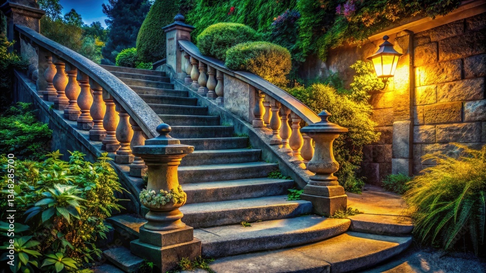 Obraz premium Low Light Stone Stair Handrail Garden Photography - Night Garden Steps, Stone Railing, Dark Ambiance