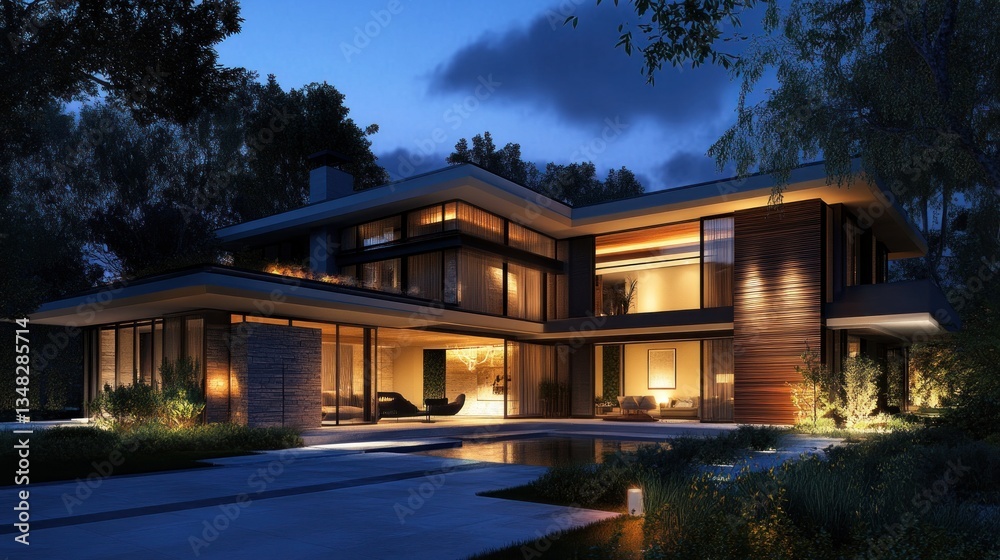 Fototapeta premium Luxury Modern Villa at Dusk: Architectural Marvel Illuminated