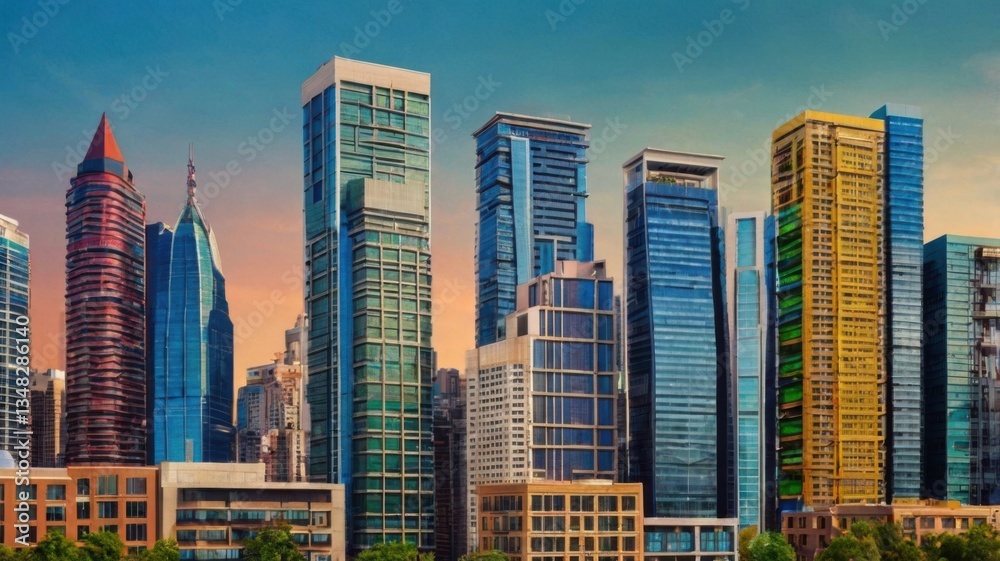 A vibrant and colorful cityscape banner featuring a mix of modern skyscrapers and traditional buildings. The urban skyline is illustrated in a lively and dynamic style, showcasing diverse architectura A vibrant and colorful cityscape banner featuring a mix of modern skyscrapers and traditional buildings. The urban skyline is illustrated in a lively and dynamic style, showcasing diverse architectura