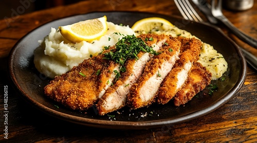 A perfectly crispy Argentine milanesa (breaded beef cutlet) served with mashed potatoes and a fresh lemon wedge, presented on a rustic plate
