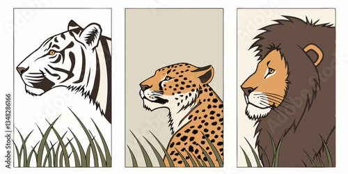 Banner with different types of big wild cats. Realistic tiger, leopard, lion
