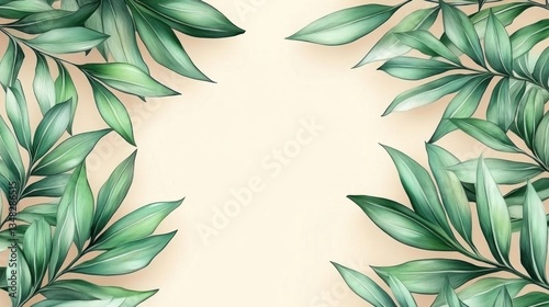 Elegant Tropical Leaves Border Beige Background photo