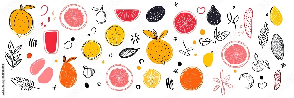 Energetic and playful background featuring hand drawn citrus fruits and elements in a variety of bright summery hues Energetic and playful background featuring hand drawn citrus fruits and elements in a variety of bright summery hues