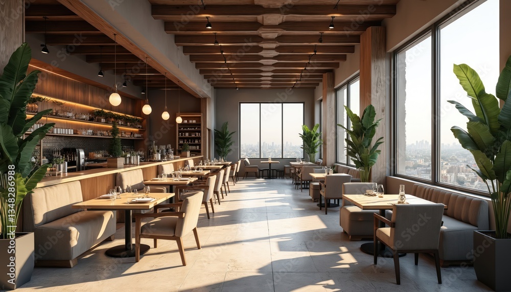 Fototapeta premium Modern restaurant cafe interior render. Stylish cozy design with tables chairs, large windows. Dining area with lighting, plants decor. Interior design, eatery, architecture.