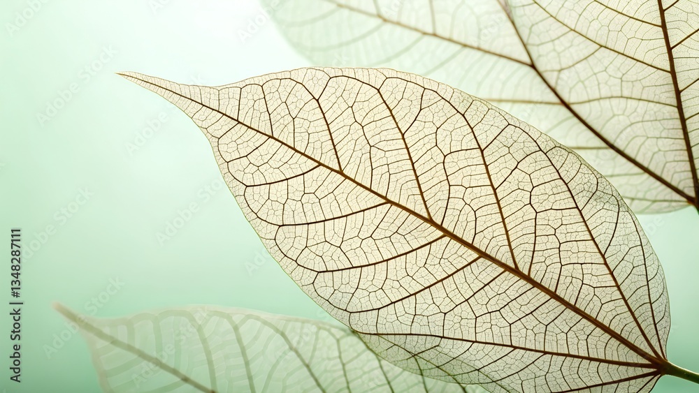 Fototapeta premium Intricate Leaf Veins: A close-up shot reveals the delicate, transparent beauty of leaf veins against a soft, light green backdrop, showcasing nature's intricate design.