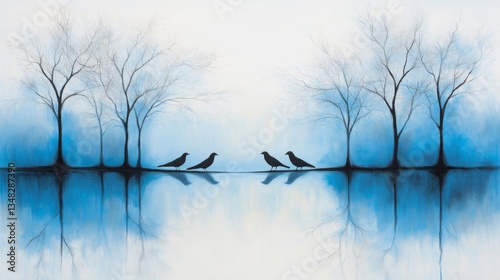 Silhouetted Birds On Water Under Trees