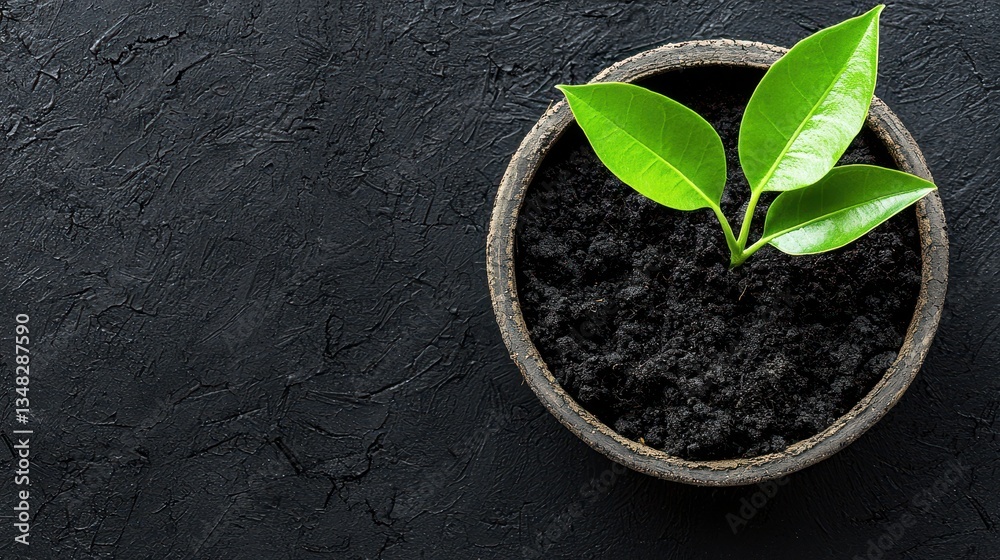 Naklejka premium Green Sprout Emerging from Dark Soil in a Small Bowl