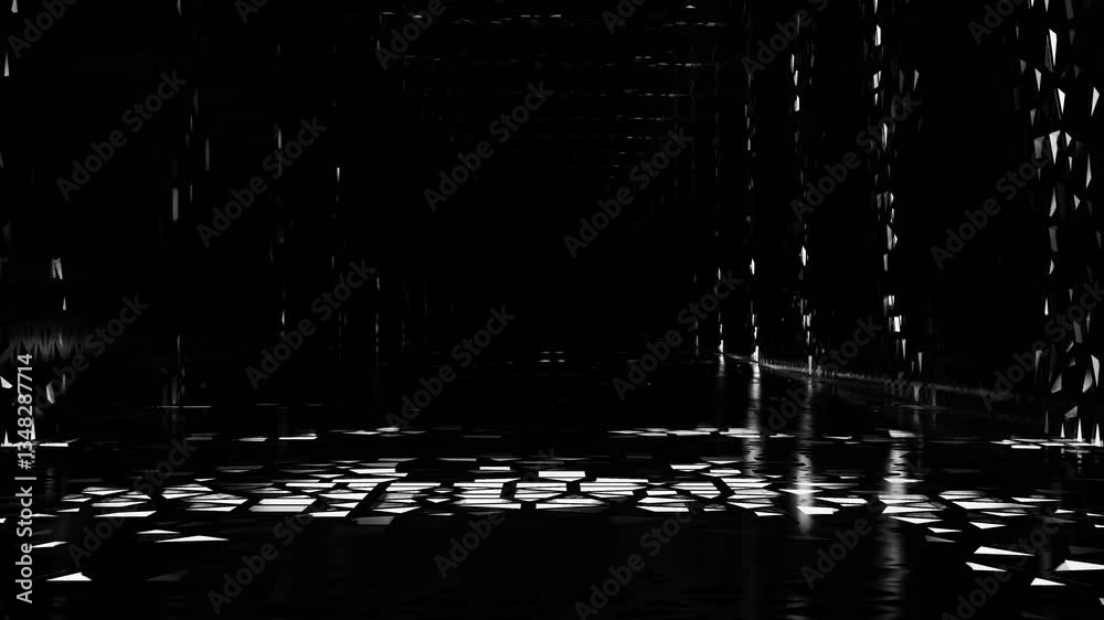 endless forward movement inside a dark gloomy tunnel with white lighting and abstract openwork walls. 3d render looped animation