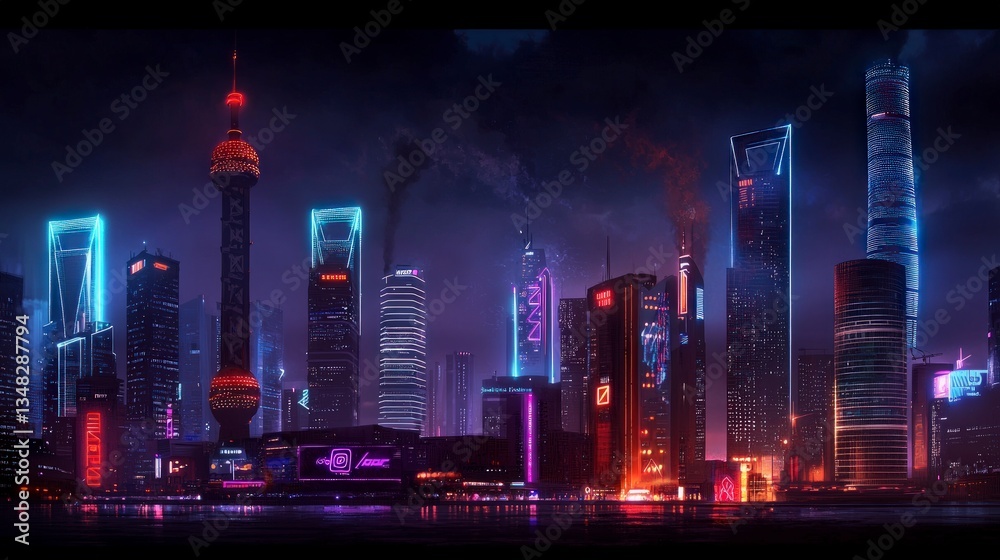Obraz premium Futuristic Cyberpunk Cityscape Neon Lights Skyline Modern Architecture