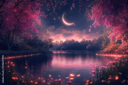 A magical lake glows under a crescent moon, framed by pink trees. This ethereal landscape, likely for stock use, offers a serene and captivating visual