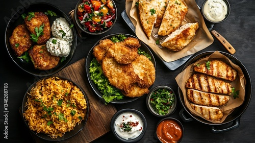 A top-down view of multiple schnitzels with different side dishes.