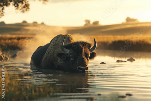 A bison is submerged up to its chest in a pool of water. The landscape is rural, and there is fog in the distance, under a light, warm sky