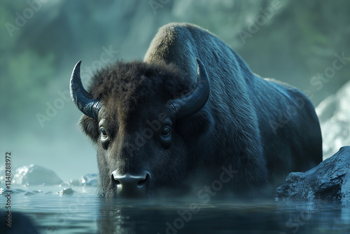 A bison stands in a misty body of water. The large mammal is the subject of an AI generated image on Adobe Stock
