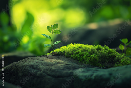 A small plant grows on a mossy rock. This image is one of many uploaded to Adobe Stock