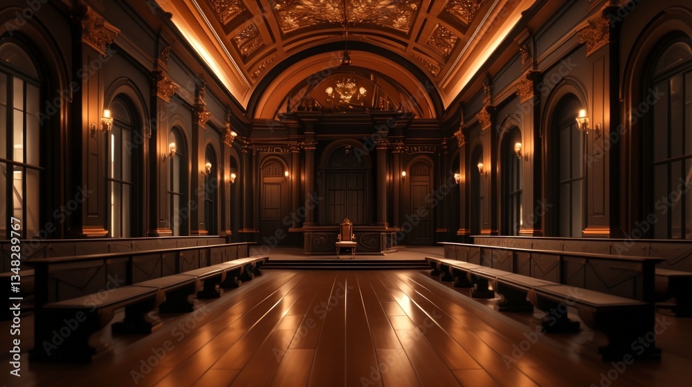 Obraz premium Grand Courtroom Interior Elegant Wooden Benches High Ceilings Justice Law Legal Emp