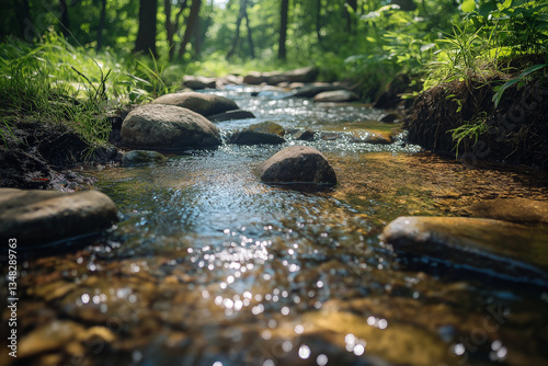 A clear stream runs through a green forest. Sunlight sparkles on the water as it flows over stones