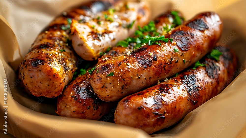 A close-up of bratwurst with crispy golden-brown skin. A close-up of bratwurst with crispy golden-brown skin.