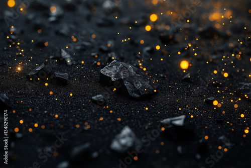 Close up of anthracite coal lit by orange sparks that are in focus with the rocks. Dark rocks are scattered across a surface of black sand