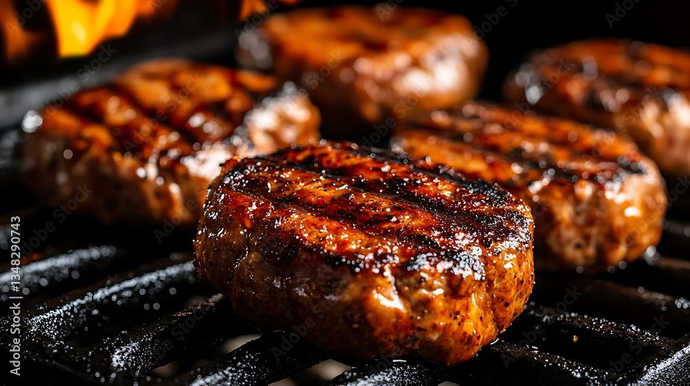 A close-up of char-grilled pork patties with caramelized edges. A close-up of char-grilled pork patties with caramelized edges.