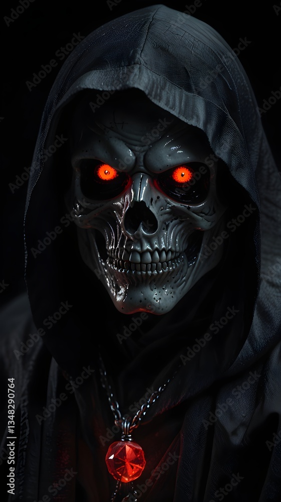A menacing skeleton with red eyes, resembling a serpent coiled around a glowing crystal, shrouded in darkness. A menacing skeleton with red eyes, resembling a serpent coiled around a glowing crystal, shrouded in darkness.