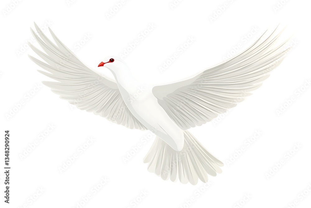 Fototapeta premium White dove in flight, symbol of peace, against white background, for religious/spiritual imagery
