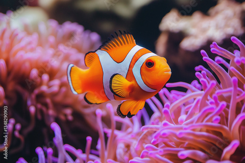 This is a vibrant stock image of a clownfish. The orange and white fish swims near pink coral on the ocean floor