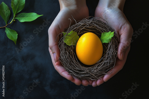 A conceptual image depicts a golden egg nestled in a bird's nest, carefully held by a pair of hands. Green leaves accent the nest, symbolizing growth, prosperity, and protection, often associated with