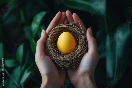 A single yellow egg rests in a woven nest, cradled in hands. Lush green leaves provide a blurred background, suggesting new life