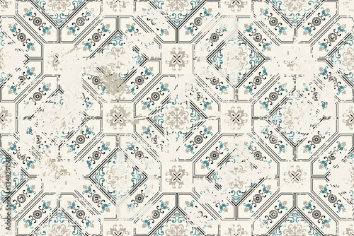 Seamless vintage rug with an effect of attrition. Damask carpet. Hand drawn seamless abstract pattern with eastern motifs. vector illustration