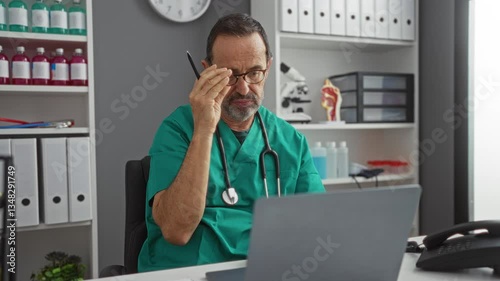 Wallpaper Mural Man in green scrubs removes glasses, looking tired at clinic desk, surrounded by medical equipment and documents, indicating a hospital setting with focus on healthcare environment. Torontodigital.ca