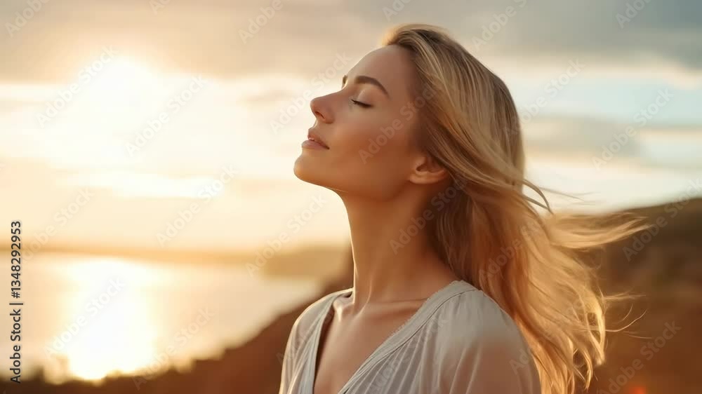A serene video still of a woman in profile, eyes closed, with wind-swept hair. Captured at eye level, the sunset backdrop adds a tranquil vibe. A serene video still of a woman in profile, eyes closed, with wind-swept hair. Captured at eye level, the sunset backdrop adds a tranquil vibe.