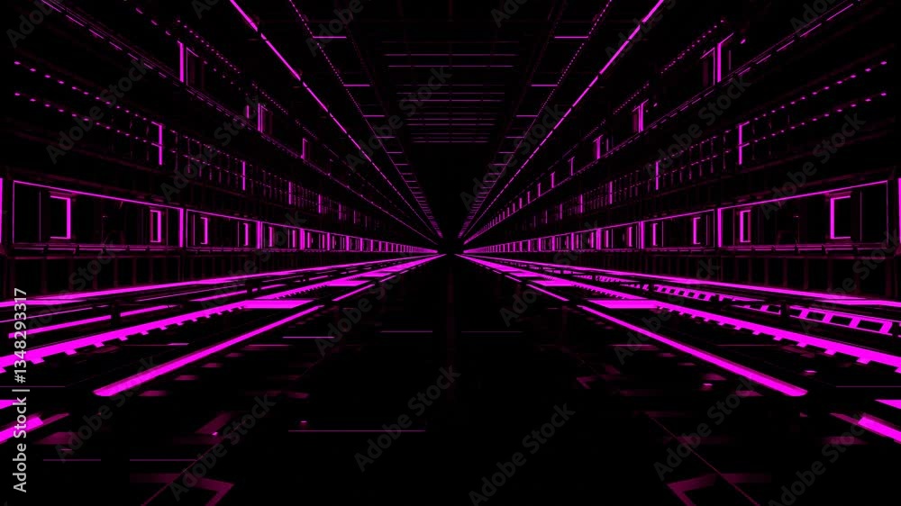endless forward movement inside a tunnel made of purple wireframe on a black background. 3d render looped animation