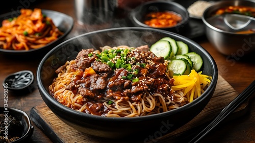 A steaming bowl of jjajangmyeon (Korean black bean noodles) with thick, glossy sauce, garnished with cucumber strips and served with a side of yellow pickled radish, along