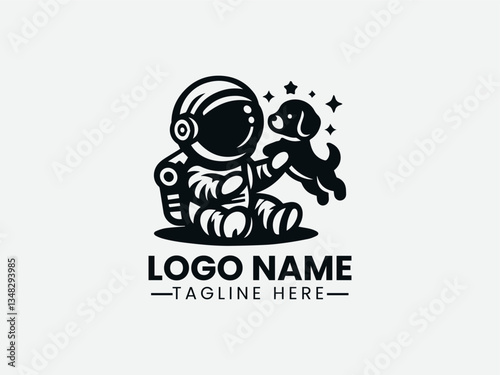 astronaut with playful puppy in space. Whimsical logo design 