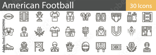 American Football Line Icons Collection. Sports, Teams, Equipment, and Game Strategy Symbols. Editable Stroke, Vector Illustration.