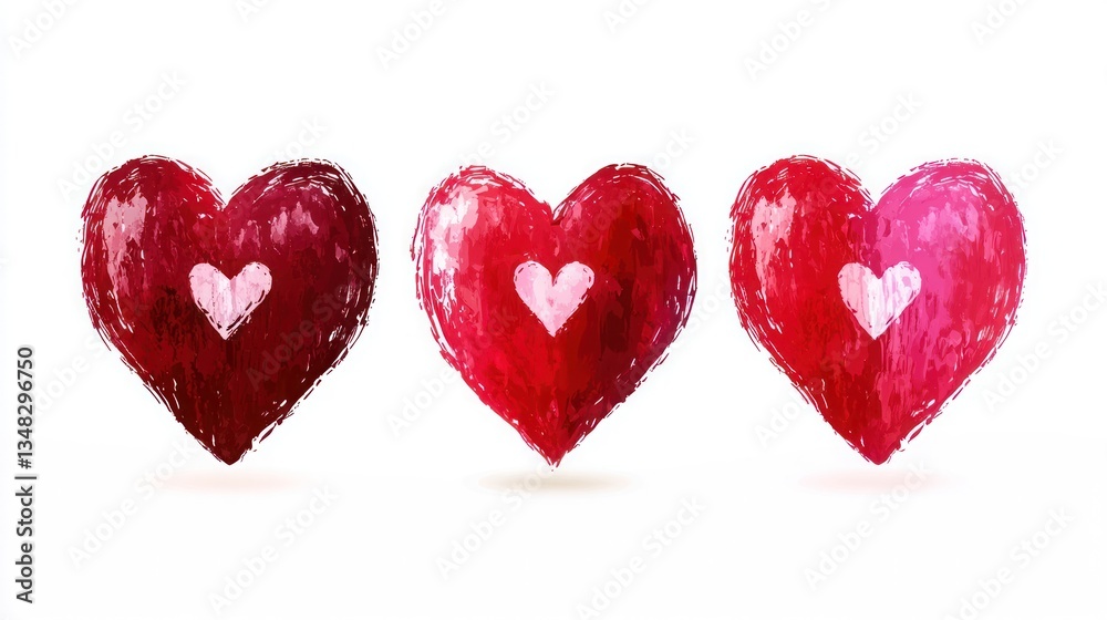 Three textured hearts in shades of red, with a white heart inside each. A romantic and playful design Three textured hearts in shades of red, with a white heart inside each. A romantic and playful design