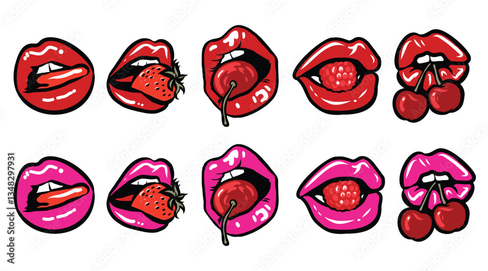 Lips Set in Pop Art. Vector Illustration Berry and Women's Mouths Lips Set in Pop Art. Vector Illustration Berry and Women's Mouths
