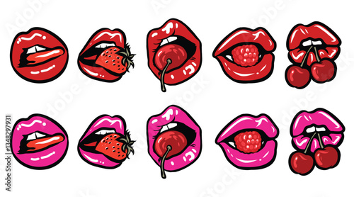 Lips Set in Pop Art. Vector Illustration Berry and Women's Mouths