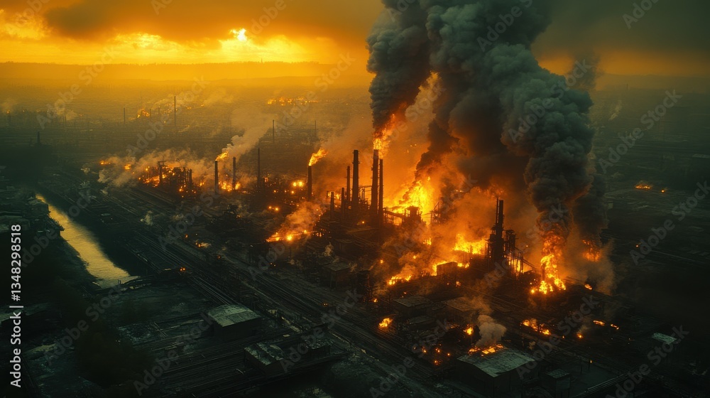 Fototapeta premium Burning factory under fiery sky emitting pollution into the environment