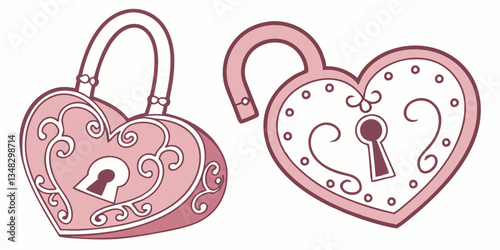 oink hearts lock shape set. Open and closed padlock heart. 
